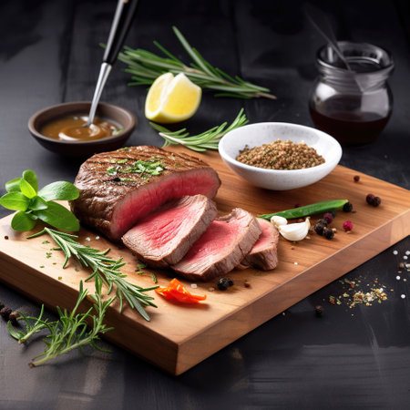 Juicy Beef Rib Eye Steak Slices on Wooden Board with Herbs, Spices, and Salt. Generative AI.の素材