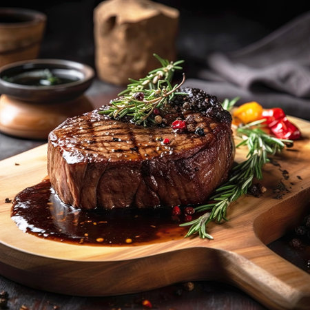 Juicy Beef Rib Eye Steak Slices on Wooden Board with Herbs, Spices, and Salt. Generative AI.の素材