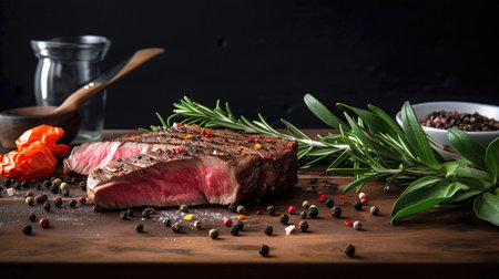 Juicy Beef Rib Eye Steak Slices on Wooden Board with Herbs, Spices, and Salt. Generative AI.の素材