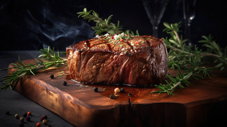 Juicy Beef Rib Eye Steak Slices on Wooden Board with Herbs, Spices, and Salt. Generative AI.の素材