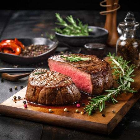 Juicy Beef Rib Eye Steak Slices on Wooden Board with Herbs, Spices, and Salt. Generative AI.の素材