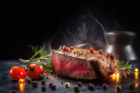 Juicy Beef Rib Eye Steak On Marble Textured Dark Background: with Herbs, Spices, and Salt. Generative AIの素材