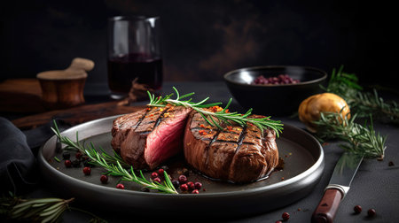 Juicy Beef Rib Eye Steak On Marble Textured Dark Background: with Herbs, Spices, and Salt. Generative AIの素材