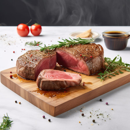 Juicy Beef Rib Eye Steak Slices on Wooden Board with Herbs, Spices, and Salt. Generative AI.の素材