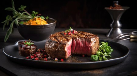 Juicy Beef Rib Eye Steak On Marble Textured Dark Background: with Herbs, Spices, and Salt. Generative AIの素材
