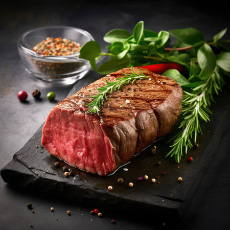 Juicy Beef Rib Eye Steak On Marble Textured Dark Background: with Herbs, Spices, and Salt. Generative AIの素材