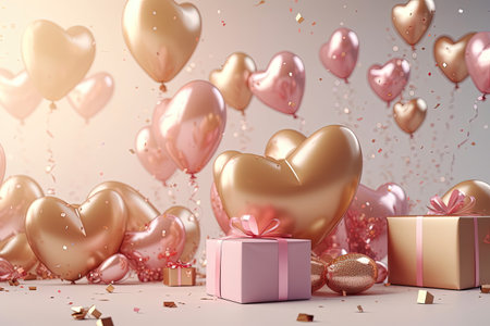 Festive romantic background with balloons hearts and confetti Valentine's Day or Merry Christmas and Happy New Year greetings. Generative AI.の素材