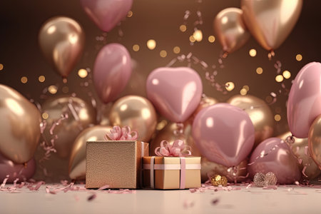 Festive romantic background with balloons hearts and confetti Valentine's Day or Merry Christmas and Happy New Year greetings. Generative AI.の素材