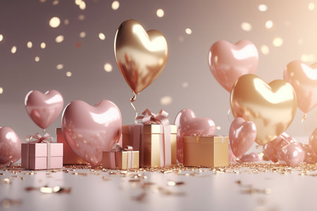 Festive romantic background with balloons hearts and confetti Valentine's Day or Merry Christmas and Happy New Year greetings. Generative AI.の素材