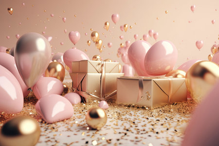 Festive romantic background with balloons hearts and confetti Valentine's Day or Merry Christmas and Happy New Year greetings. Generative AI.の素材