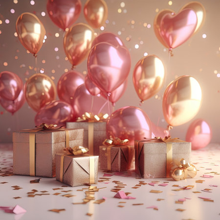 Festive romantic background with balloons hearts and confetti Valentine's Day or Merry Christmas and Happy New Year greetings. Generative AI.の素材