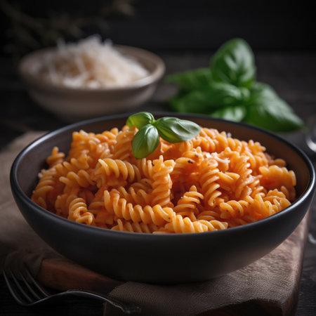 Delicious pasta dish with sauce on dark background. Perfect for food and Italian cuisine themes. Generative AI.の素材