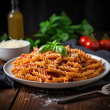 Delicious pasta dish with sauce on dark background. Perfect for food and Italian cuisine themes. Generative AI.の素材