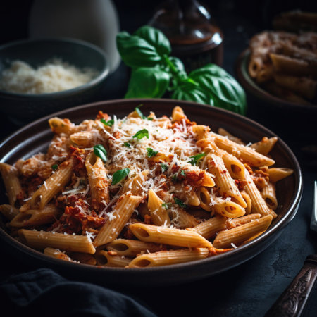 Delicious pasta dish with sauce on dark background. Perfect for food and Italian cuisine themes. Generative AI.の素材