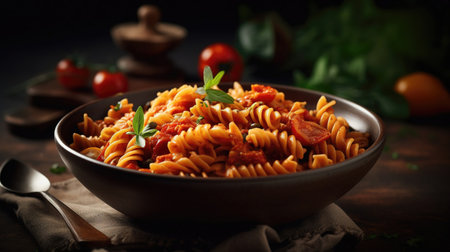 Delicious pasta dish with sauce on dark background. Perfect for food and Italian cuisine themes. Generative AI.の素材