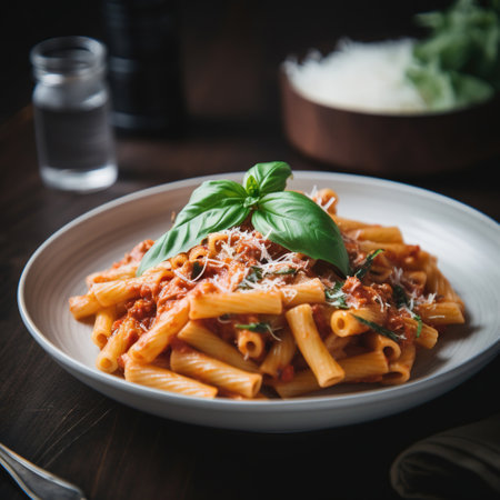Delicious pasta dish with sauce on dark background. Perfect for food and Italian cuisine themes. Generative AI.の素材