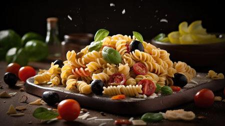Delicious pasta dish with sauce on dark background. Perfect for food and Italian cuisine themes. Generative AI.の素材