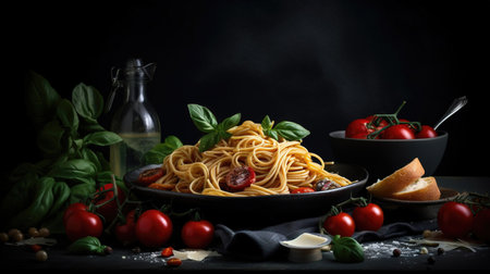 Delicious pasta dish with sauce on dark background. Perfect for food and Italian cuisine themes. Generative AI.の素材