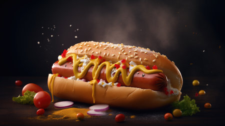 Juicy Hotdog with Spices, Toppings, Ketchup, Mayonnaise, and Fresh Salad. Colorful and Appetizing Against Dark Background. AI generated.の素材