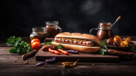 Juicy Hotdog with Spices, Toppings, Ketchup, Mayonnaise, and Fresh Salad. Colorful and Appetizing Against Dark Background. AI generated.の素材