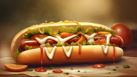 Juicy Hotdog with Spices, Toppings, Ketchup, Mayonnaise, and Fresh Salad. Colorful and Appetizing Against Dark Background. AI generated.の素材