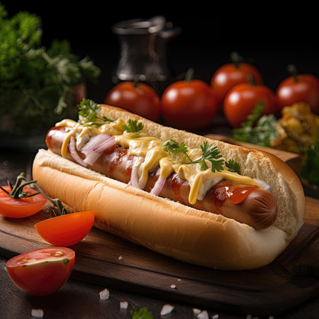 Juicy Hotdog with Spices, Toppings, Ketchup, Mayonnaise, and Fresh Salad. Colorful and Appetizing Against Dark Background. AI generated.の素材
