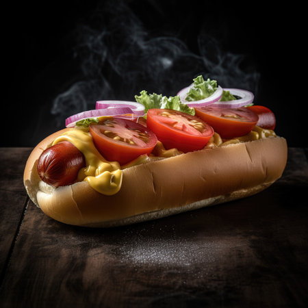 Juicy Hotdog with Spices, Toppings, Ketchup, Mayonnaise, and Fresh Salad. Colorful and Appetizing Against Dark Background. AI generated.の素材