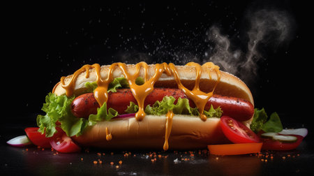 Juicy Hotdog with Spices, Toppings, Ketchup, Mayonnaise, and Fresh Salad. Colorful and Appetizing Against Dark Background. AI generated.の素材
