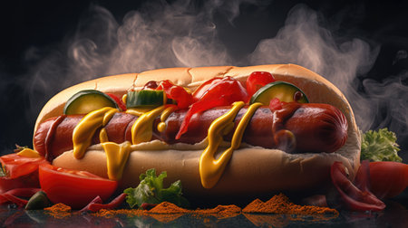 Juicy Hotdog with Spices, Toppings, Ketchup, Mayonnaise, and Fresh Salad. Colorful and Appetizing Against Dark Background. AI generated.の素材