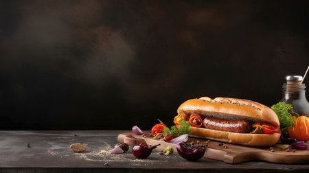 Juicy Hotdog with Spices, Toppings, Ketchup, Mayonnaise, and Fresh Salad. Colorful and Appetizing Against Dark Background. AI generated.の素材