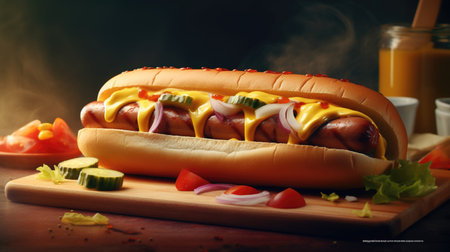 Juicy Hotdog with Spices, Toppings, Ketchup, Mayonnaise, and Fresh Salad. Colorful and Appetizing Against Dark Background. AI generated.の素材