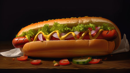 Juicy Hotdog with Spices, Toppings, Ketchup, Mayonnaise, and Fresh Salad. Colorful and Appetizing Against Dark Background. AI generated.の素材