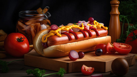 Juicy Hotdog with Spices, Toppings, Ketchup, Mayonnaise, and Fresh Salad. Colorful and Appetizing Against Dark Background. AI generated.の素材