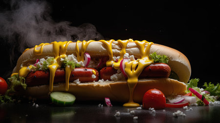 Juicy Hotdog with Spices, Toppings, Ketchup, Mayonnaise, and Fresh Salad. Colorful and Appetizing Against Dark Background. AI generated.の素材