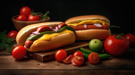 Juicy Hotdog with Spices, Toppings, Ketchup, Mayonnaise, and Fresh Salad. Colorful and Appetizing Against Dark Background. AI generated.の素材