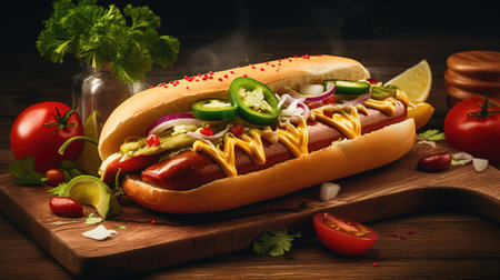 Juicy Hotdog with Spices, Toppings, Ketchup, Mayonnaise, and Fresh Salad. Colorful and Appetizing Against Dark Background. AI generated.の素材