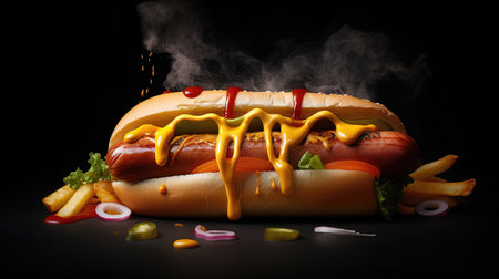 Juicy Hotdog with Spices, Toppings, Ketchup, Mayonnaise, and Fresh Salad. Colorful and Appetizing Against Dark Background. AI generated.の素材