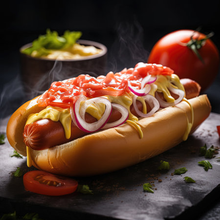 Juicy Hotdog with Spices, Toppings, Ketchup, Mayonnaise, and Fresh Salad. Colorful and Appetizing Against Dark Background. AI generated.の素材