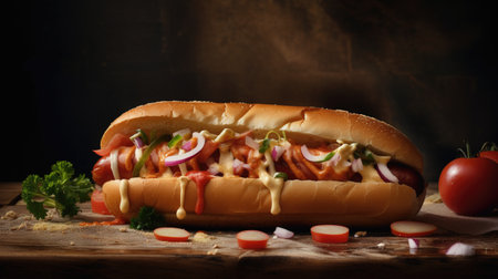 Juicy Hotdog with Spices, Toppings, Ketchup, Mayonnaise, and Fresh Salad. Colorful and Appetizing Against Dark Background. AI generated.の素材