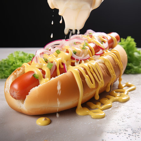 Juicy Hotdog with Spices, Toppings, Ketchup, Mayonnaise, and Fresh Salad. Colorful and Appetizing Against Dark Background. AI generated.の素材