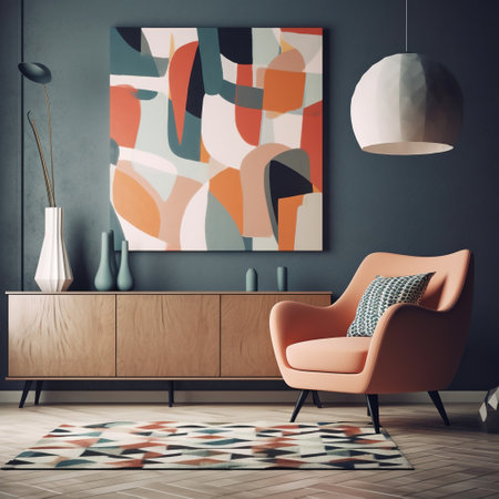 Cozy living room with red sofa in Scandinavian style modern interior design. Generative AI.の素材