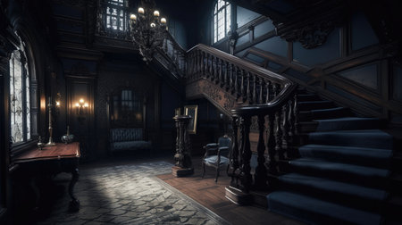 Dark gothic mansion hall in victorian style interior with staircase and lamp holders. AI generatedの素材