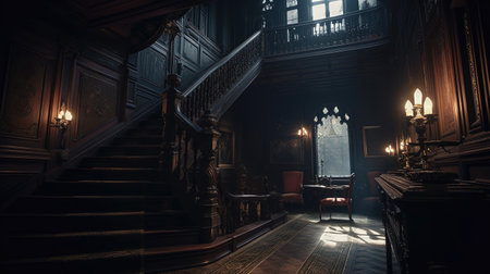 Dark gothic mansion hall in victorian style interior with staircase and lamp holders. AI generatedの素材