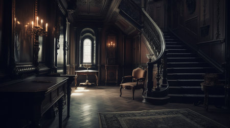 Dark gothic mansion hall in victorian style interior with staircase and lamp holders. AI generatedの素材