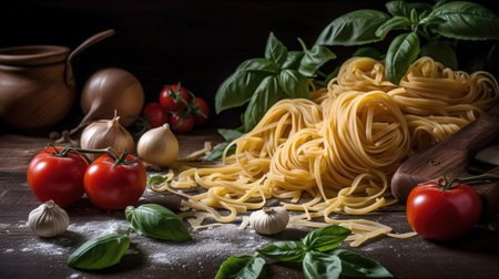 Fresh Tomatoes, Basil, and Pasta on Dark Rough Background. Vibrant Colors and Authentic Feel. Generative AI.の素材