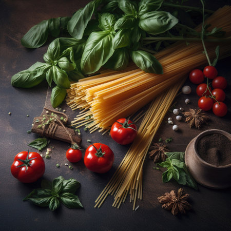 Fresh Tomatoes, Basil, and Pasta on Dark Rough Background. Vibrant Colors and Authentic Feel. Generative AI.の素材