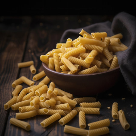 Uncooked pasta set on dark rustic background. food poster. Generative AI.の素材
