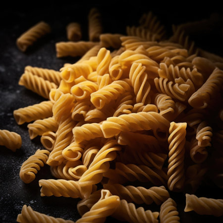 Uncooked pasta set on dark rustic background. food poster. Generative AI.の素材