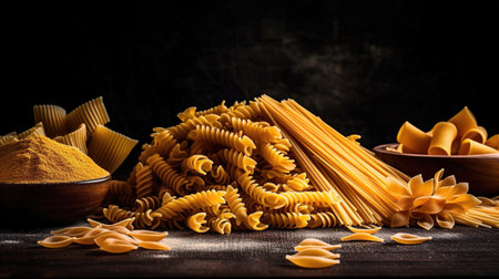 Uncooked pasta set on dark rustic background. food poster. Generative AI.の素材