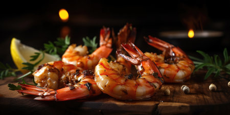Juicy Shrimps on Rustic Wooden Plank with Lemon and Greens. Dark Background Adds Appetizing Contrast. Generative AI.の素材